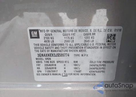 2018 Chevrolet Equinox Lt из США, поврежденный, VIN 3GNAXKEX3JS589774